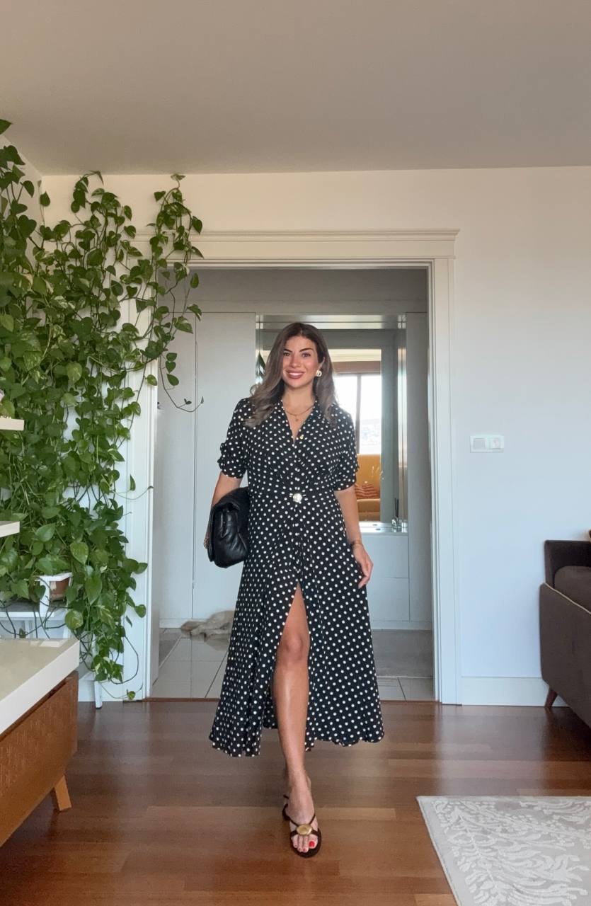 WHİTE POLKA DOT BUTTON-DOWN MIDI DRESS