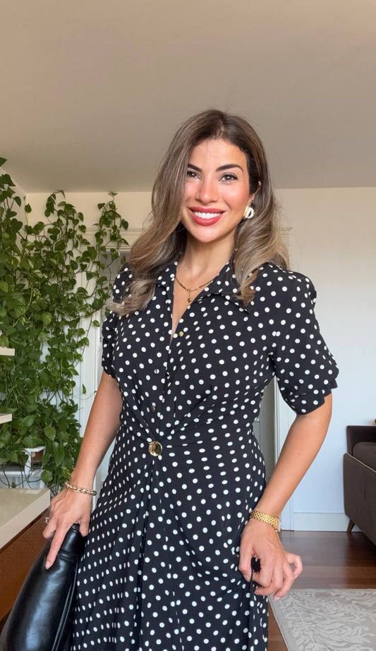WHİTE POLKA DOT BUTTON-DOWN MIDI DRESS