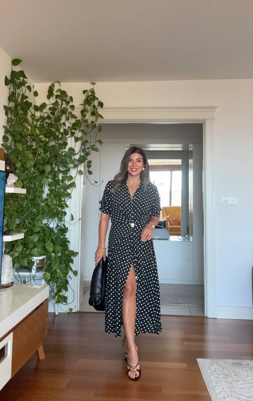 WHİTE POLKA DOT BUTTON-DOWN MIDI DRESS