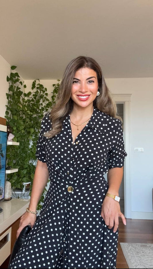 WHİTE POLKA DOT BUTTON-DOWN MIDI DRESS