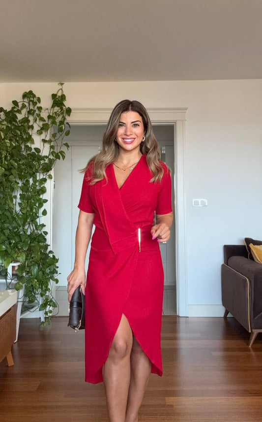 GOLD DETAILED WRAP-STYLE SHORT SLEEVE MIDI DRESS - BURGUNDY