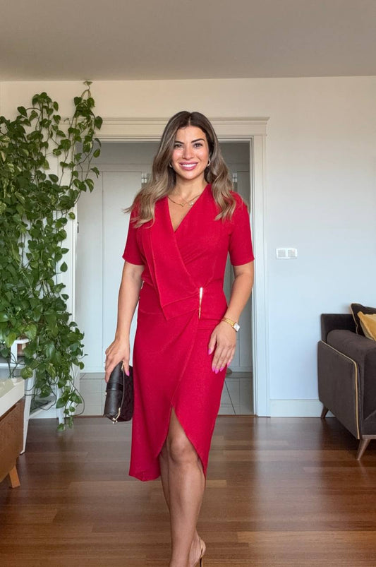 GOLD DETAILED WRAP-STYLE SHORT SLEEVE MIDI DRESS - BURGUNDY