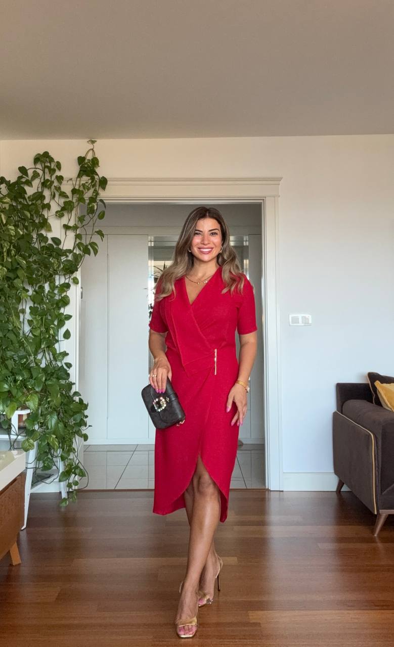 GOLD DETAILED WRAP-STYLE SHORT SLEEVE MIDI DRESS - BURGUNDY
