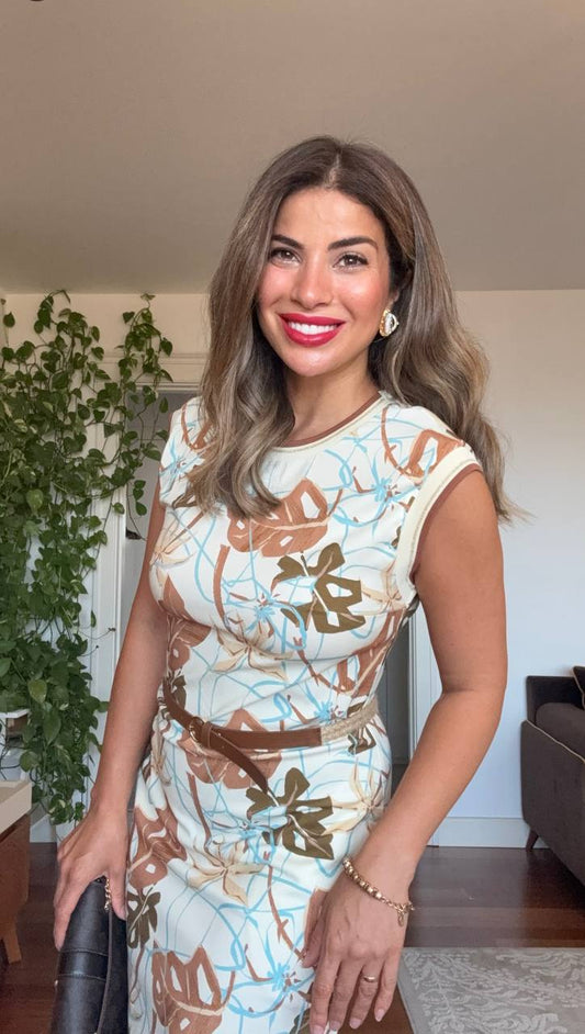 SLEEVELESS BELTED SUMMER DRESS WITH LEAF PRINT – BROWN