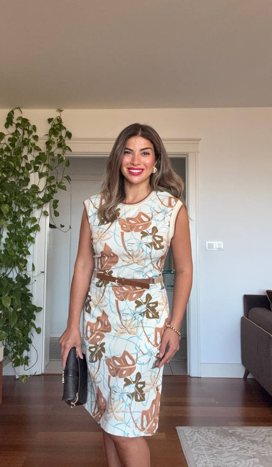 SLEEVELESS BELTED SUMMER DRESS WITH LEAF PRINT – BROWN