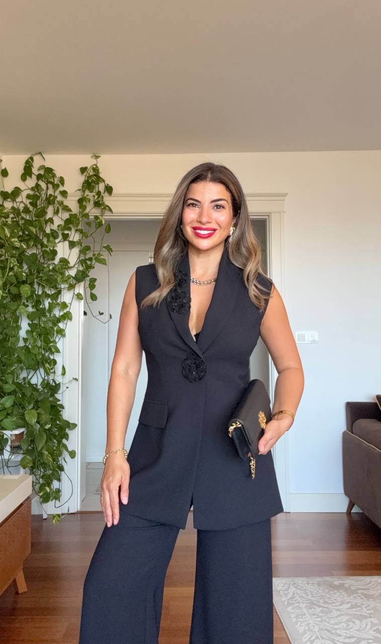 SLEEVELESS BLAZER & PALAZZO PANTS SET - BLACK