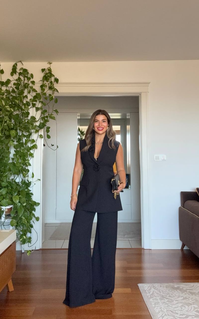 SLEEVELESS BLAZER & PALAZZO PANTS SET - BLACK