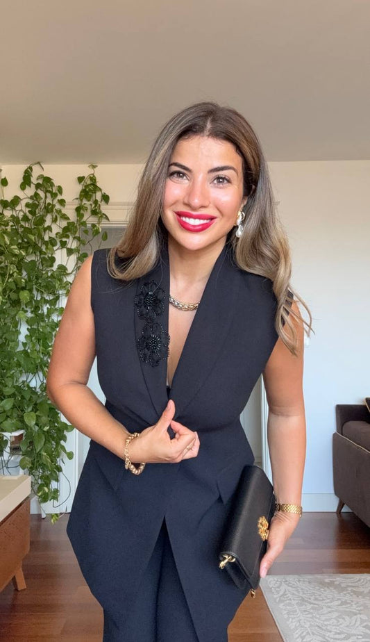 SLEEVELESS BLAZER & PALAZZO PANTS SET - BLACK