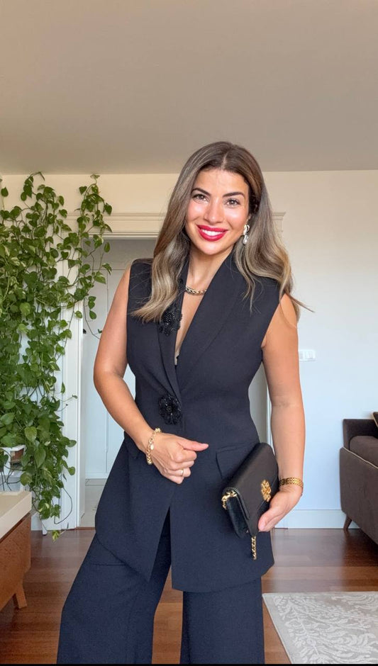 SLEEVELESS BLAZER & PALAZZO PANTS SET - BLACK