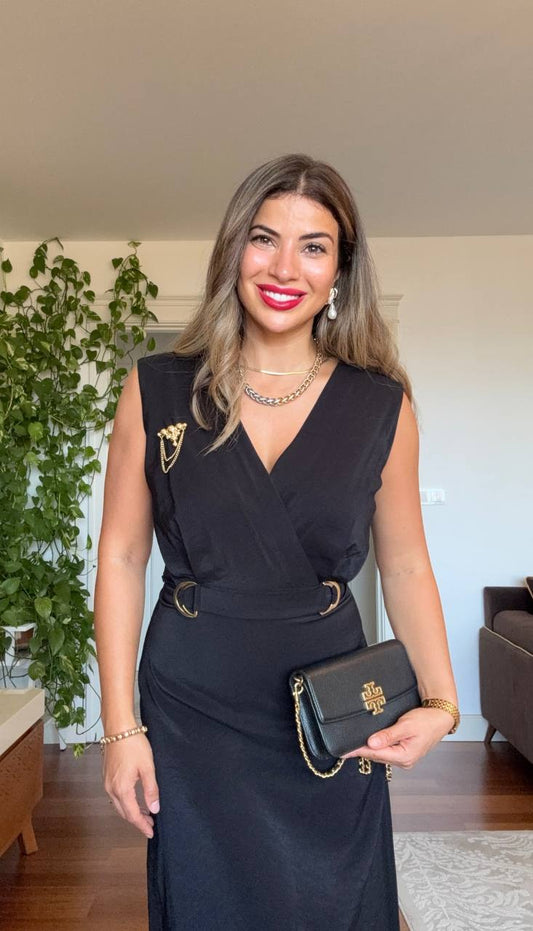 SATIN-EFFECT BELTED WRAP DRESS – BLACK