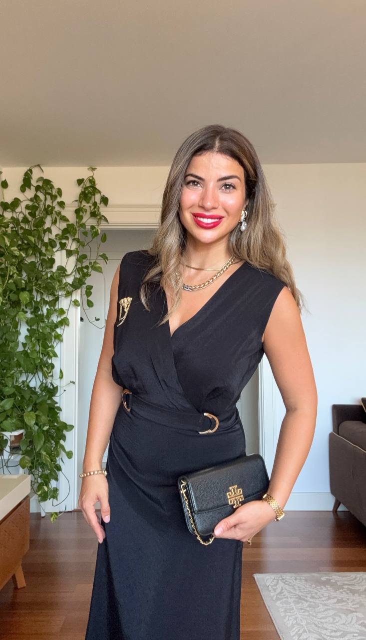 SATIN-EFFECT BELTED WRAP DRESS – BLACK