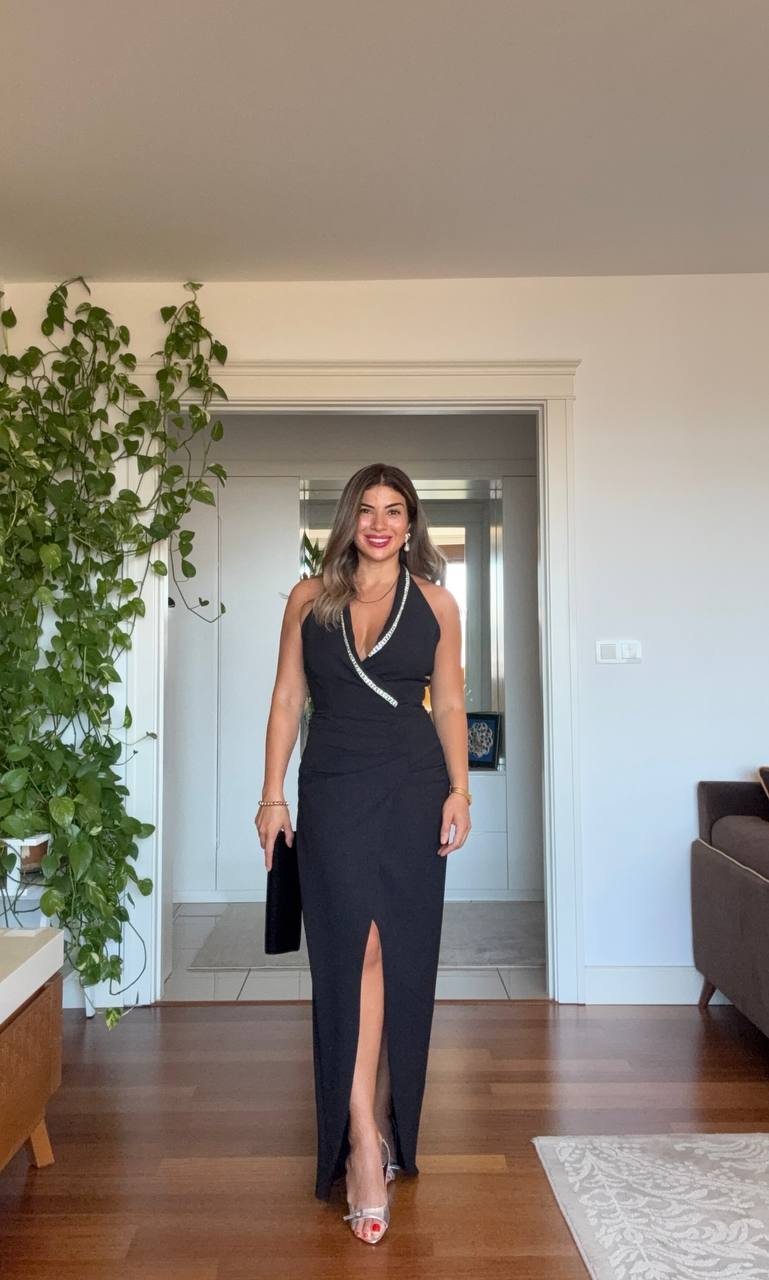 EMBELLISHED WRAP V-NECK DRESS – BLACK