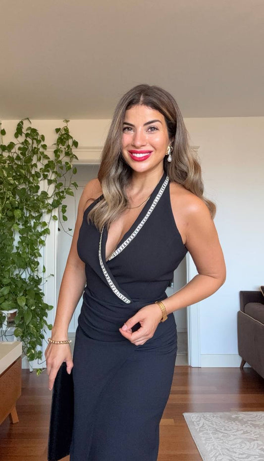 EMBELLISHED WRAP V-NECK DRESS – BLACK