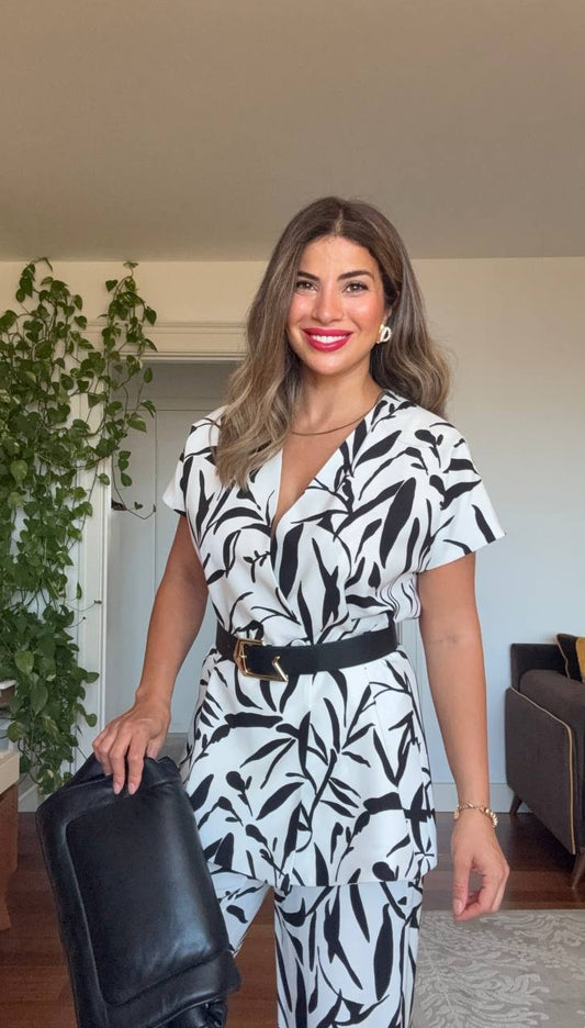 LEAF PRINTED BELTED TWO-PIECE SET - BLACK & WHITE