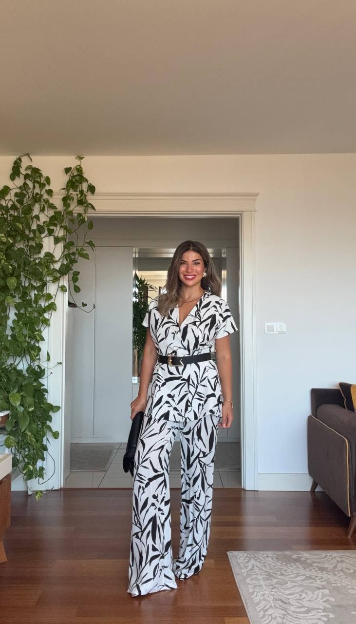 LEAF PRINTED BELTED TWO-PIECE SET - BLACK & WHITE