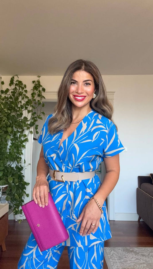 LEAF PRINTED BELTED TWO-PIECE SET - BEIGE & BLUE