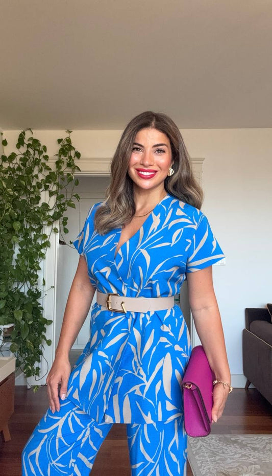 LEAF PRINTED BELTED TWO-PIECE SET - BEIGE & BLUE