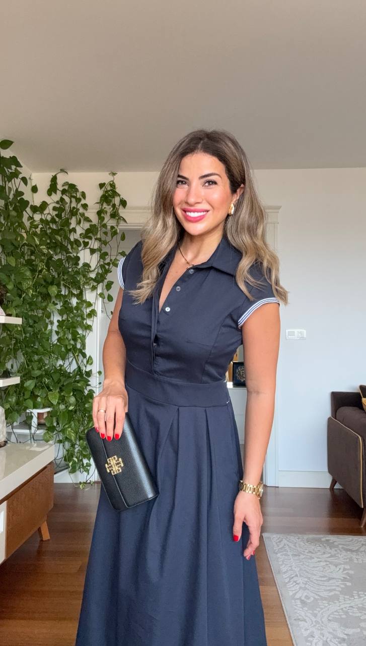 SHIRT COLLAR DRESS WITH SLEEVE DETAIL - NAVY