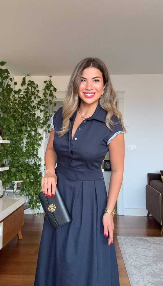 SHIRT COLLAR DRESS WITH SLEEVE DETAIL - NAVY