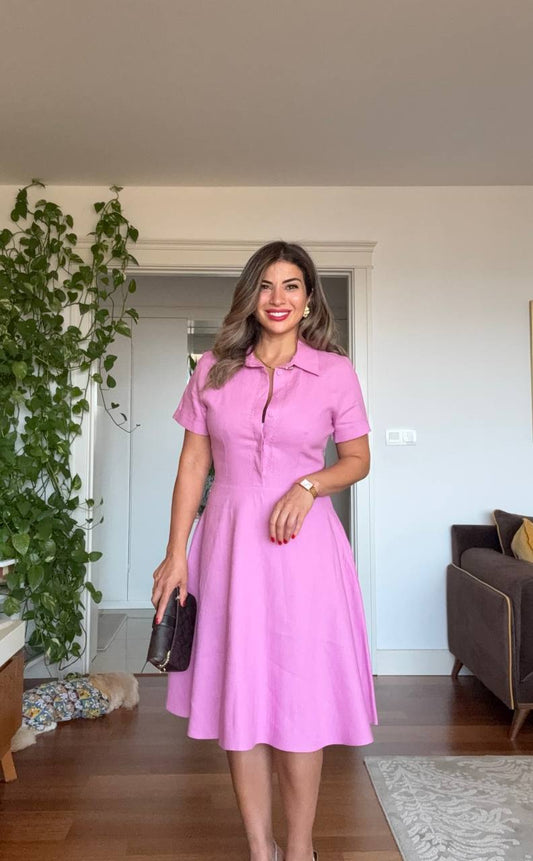 SHIRT COLLAR DETAIL SHORT SLEEVE DRESS – PINK