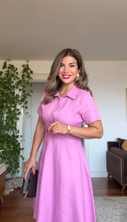 SHIRT COLLAR DETAIL SHORT SLEEVE DRESS – PINK