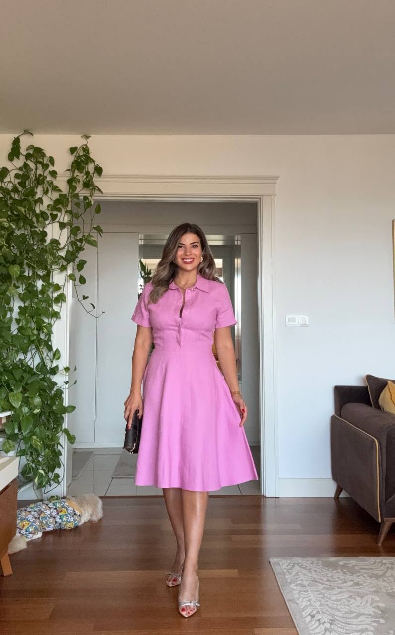 SHIRT COLLAR DETAIL SHORT SLEEVE DRESS – PINK