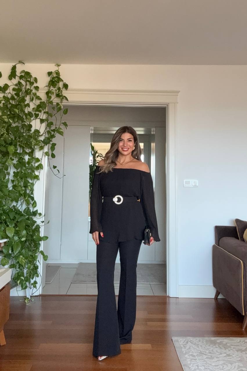 PLEATED OFF-SHOULDER BELTED SET – BLACK