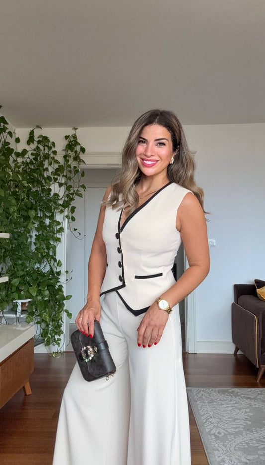 BUTTON DETAIL CONTRAST TRIM ELEGANT SUIT - BEİGE