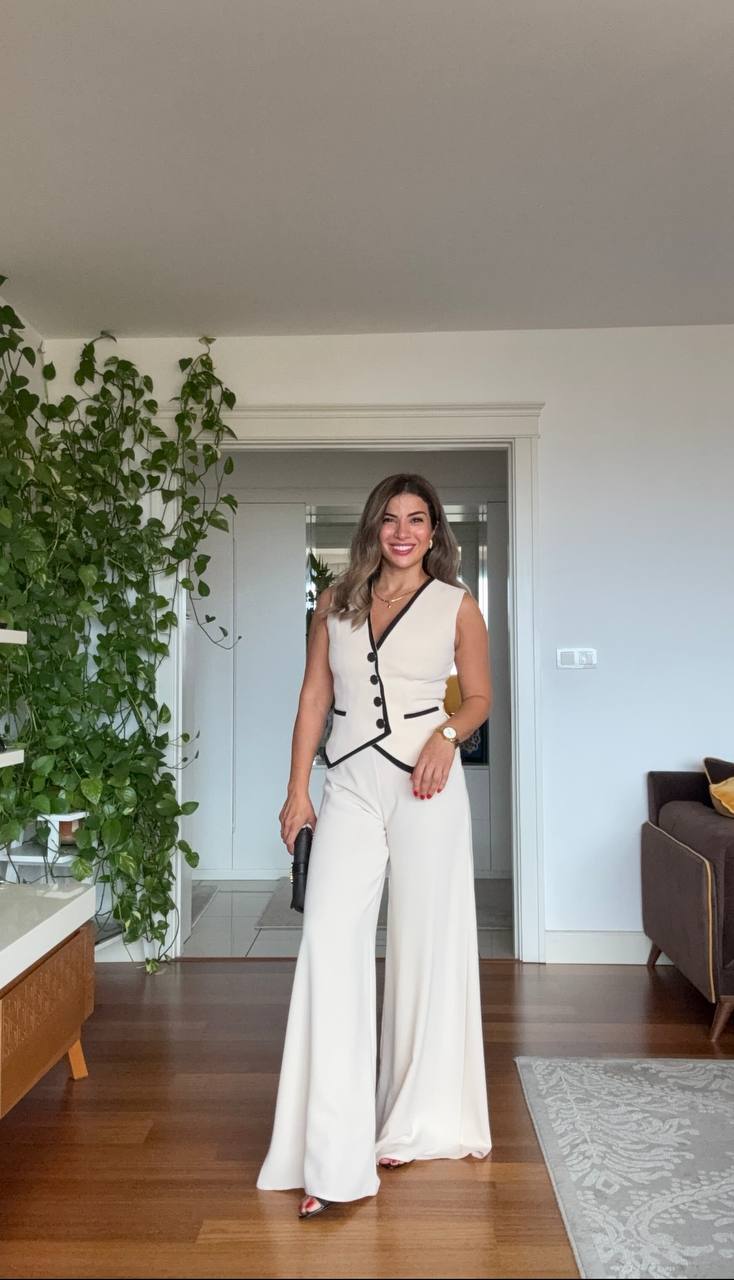 BUTTON DETAIL CONTRAST TRIM ELEGANT SUIT - BEİGE