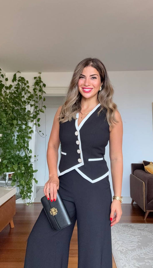 BUTTON DETAIL CONTRAST TRIM ELEGANT SUIT - BLACK