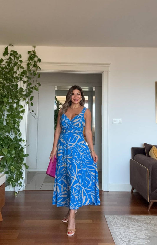LEAF PATTERNED V-NECK DRESS WITH WAIST TIE – BLUE & BEIGE