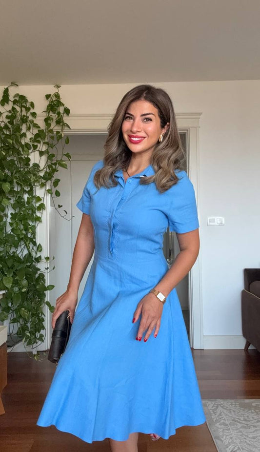 SHIRT COLLAR DETAIL SHORT SLEEVE DRESS – BLUE