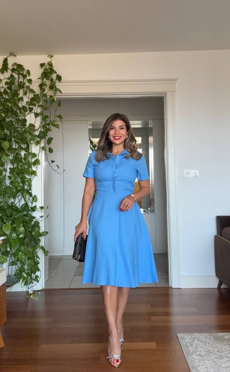 SHIRT COLLAR DETAIL SHORT SLEEVE DRESS – BLUE