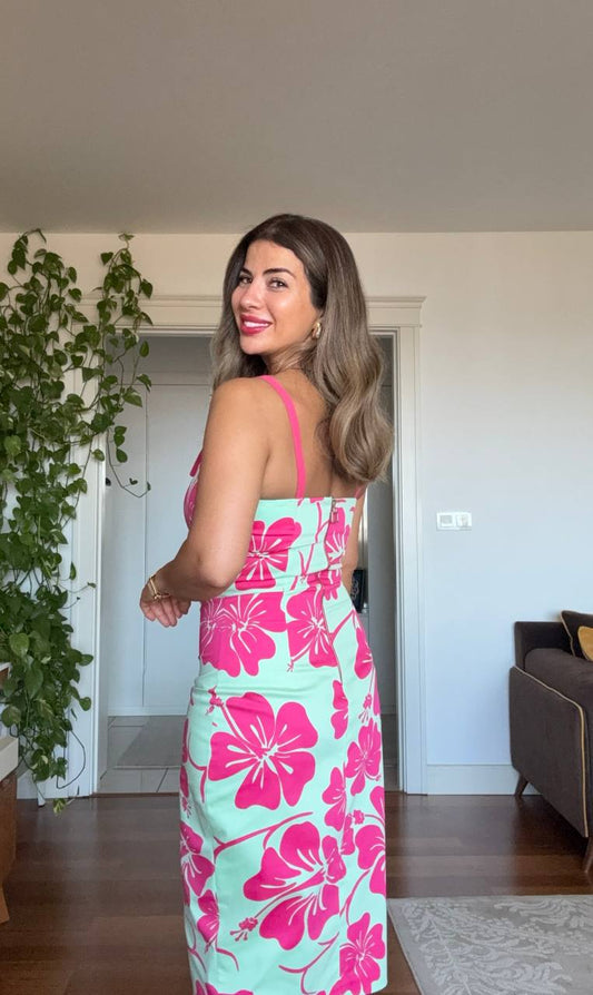 TROPICAL FLORAL STRAPPY BODYCON DRESS – MINT & FUCHSIA