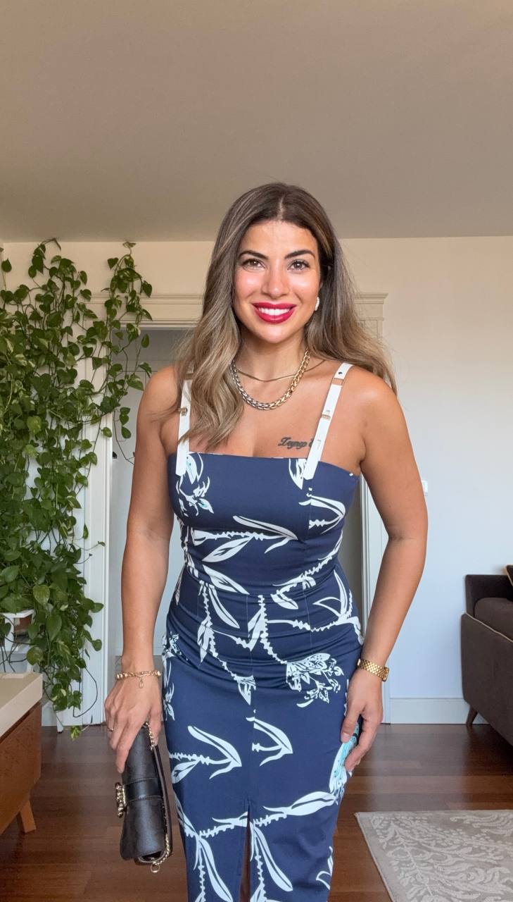 TROPICAL FLORAL STRAPPY BODYCON DRESS – WHİTE & NAVY