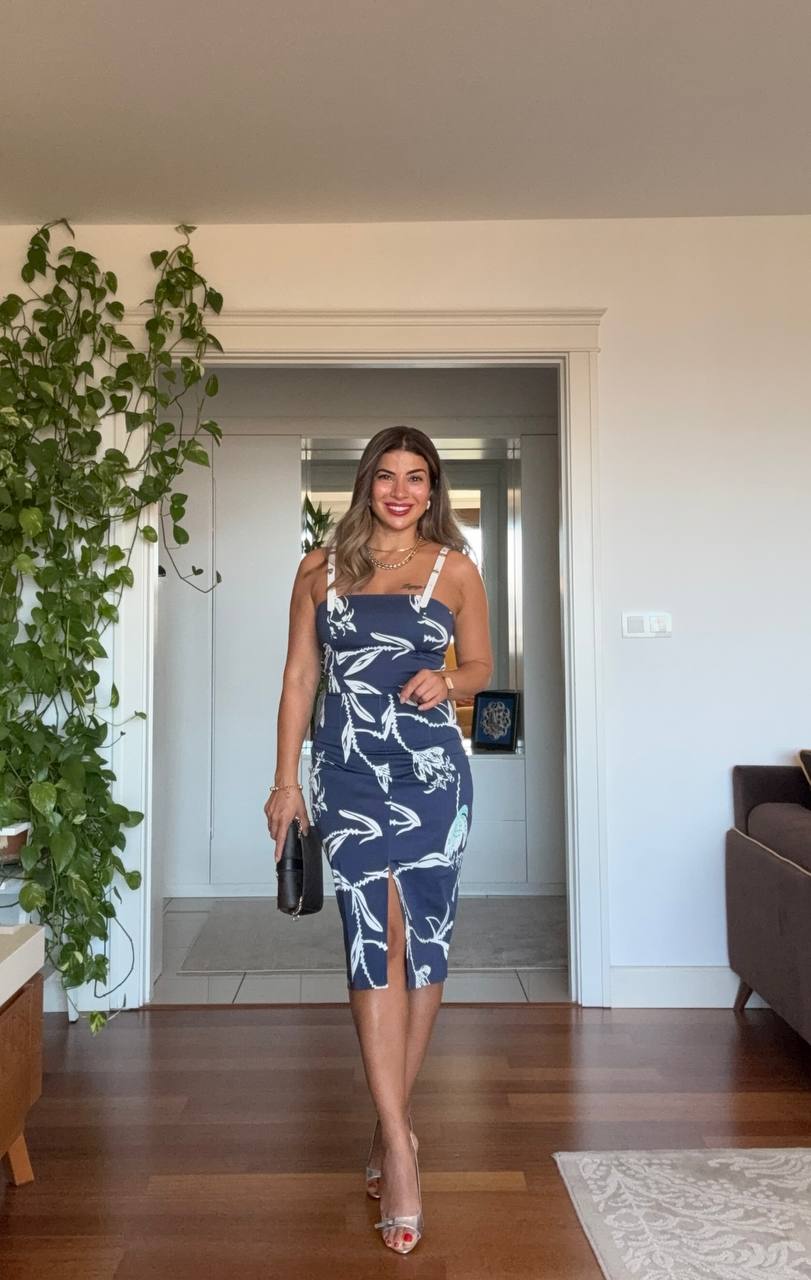 TROPICAL FLORAL STRAPPY BODYCON DRESS – WHİTE & NAVY