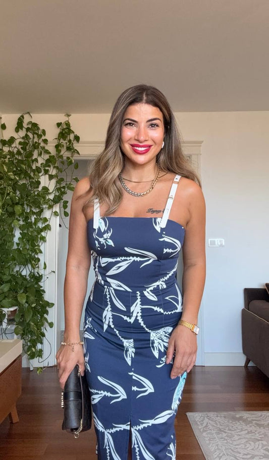 TROPICAL FLORAL STRAPPY BODYCON DRESS – WHİTE & NAVY