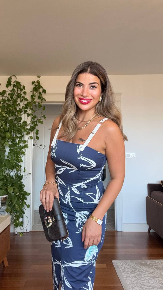TROPICAL FLORAL STRAPPY BODYCON DRESS – WHİTE & NAVY