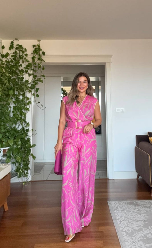 BELTED LEAF PATTERNED JUMPSUIT - PINK