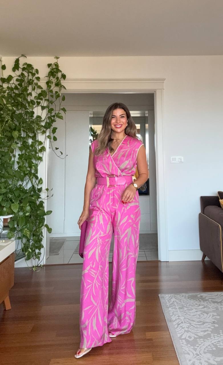 BELTED LEAF PATTERNED JUMPSUIT - PINK