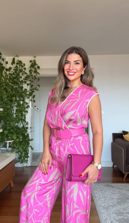 BELTED LEAF PATTERNED JUMPSUIT - PINK