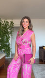 BELTED LEAF PATTERNED JUMPSUIT - PINK