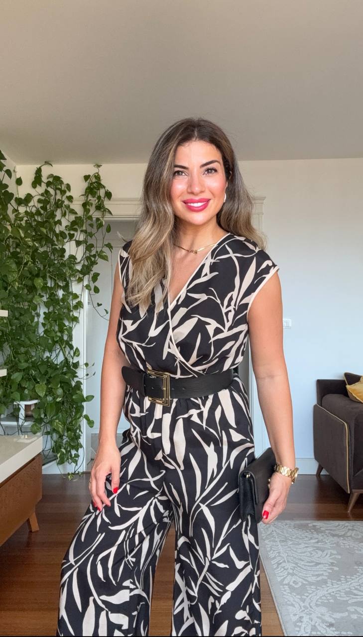 BELTED LEAF PATTERNED JUMPSUIT - BLACK