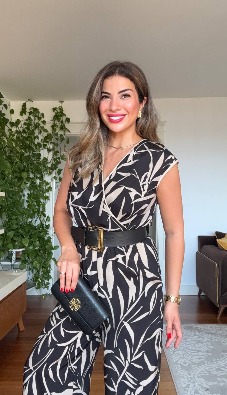 BELTED LEAF PATTERNED JUMPSUIT - BLACK