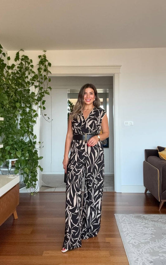 BELTED LEAF PATTERNED JUMPSUIT - BLACK