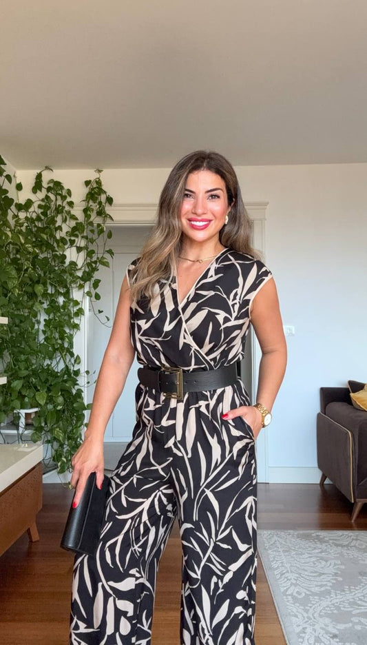BELTED LEAF PATTERNED JUMPSUIT - BLACK
