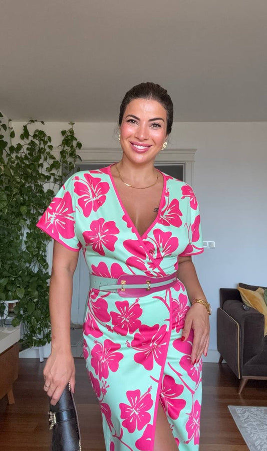 FLORAL PRINTED BELTED V-NECK MIDI DRESS – MINT & FUCHSIA