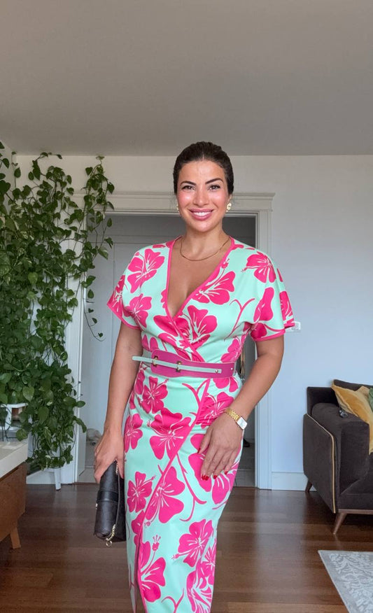 FLORAL PRINTED BELTED V-NECK MIDI DRESS – MINT & FUCHSIA