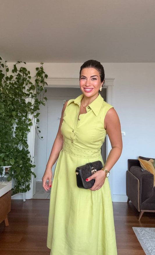 PEARL-DETAILED MIDI LINEN DRESS – LİME