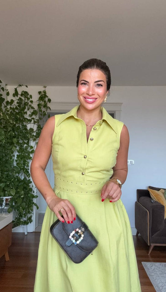 PEARL-DETAILED MIDI LINEN DRESS – LİME